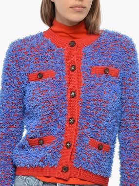 Tory Burch Blue & Red Textured Cardigan